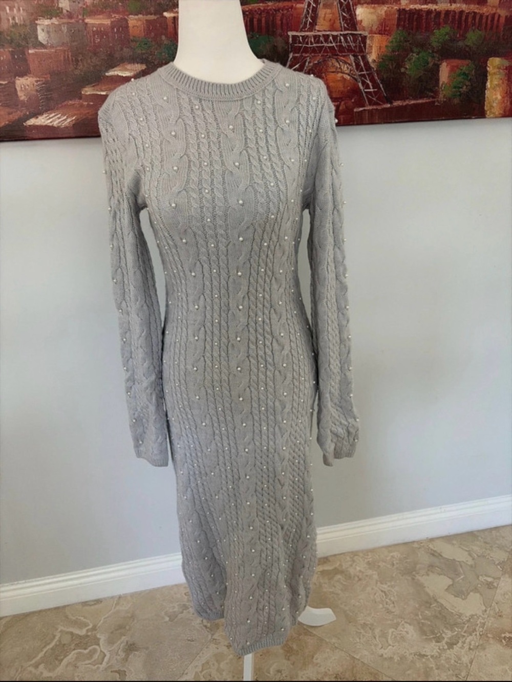 House of Harlow 1960 Light Gray Cable Knit Long Sleeve Dress with Pearls